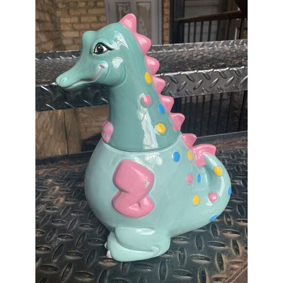 Vintage Kitsch Cute Candy Dapper Dragon Cookie Jar Bowtie Green Pink *Scratched* - Picture 3 of 13